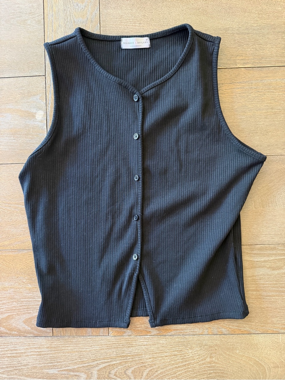 Black Ribbed Button-Front Sleeveless Top